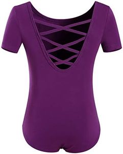 MOLLDAN Girls Dance Ballet Leotards Short Sleeve Criss Cross Straps Back(2QT5027-10-XXL)