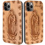 iProductsUS Wood Phone Case Compatible with iPhone 14, 14 Plus, 14 Pro, 14Pro Max [2022], Virgin Mary and Optional Name/Text Engraved in USA, Working with Wireless Charging, Protective Covers