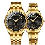 FANMIS Men's Luxury Analog Quartz Gold Wrist Watches Business Stainless Steel Band Dress Wrist Watch Classic Calendar Date Window 3ATM Water Resistant, Couple Black, His and Her Watches for Couples