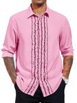 Runcati Mens Ruffle Tuxedo Shirt 80s Medieval Retro Costume Tops Long Sleeve Party Dinner Dress Shirts, Pink, Large