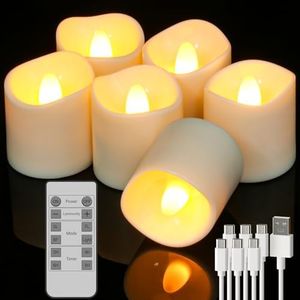 PChero - Velas recargables sin llama con control remoto, juego de 6 velas LED parpadeantes con cable USB, temporizador de apagado automático, velas de té con batería