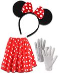 Dreamzfit Women's Minnie Mouse Fancy Dress Costume Set - Black Ears Headband + Red Polka Dot Skirt White Gloves for Carnival Birthday Party Bag Favors Cartoon Character Cosplay Adult (Standard)