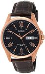 Casio #MTP1384L-1AV Men's Rose Tone Leather Band Day Date Roman Black Dial Watch