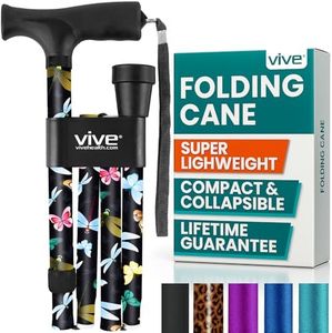 Vive Folding Cane - Foldable Walking Cane for Men, Women - Fold-up, Collapsible, Lightweight, Adjustable, Portable Hand Walking Stick - Balancing Mobility Aid - Sleek, Comfortable (Black Butterfly)