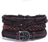 LORJE Mix 3 Wrap Men Bracelets, Hemp Cords Wood Beads Ethnic Tribal Bracelets Cuff Bracelets , Leather Wristbands Cool Bracelets (BROWN)