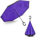 G4Free 62 Inch Large Reverse Umbrella with C-Shaped Handle, Windproof Upside Down Inverted Close Rain Umbrella for Women and Men (Black/Purple)