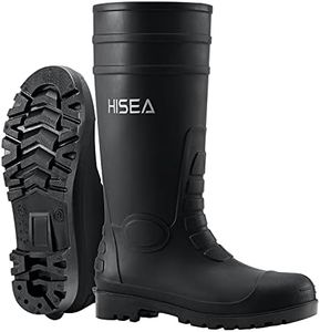 HISEA Men's Rain Boots, Waterproof PVC Boots with Steel Shank, Protective Footwear Seamless Fishing Outdoor Work Boot, Durable Anti-Slip Kneed Boot for Agriculture and Industrial Working, Black, 8