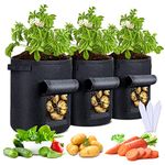 Sfee 7 Gallon Grow Bags, 3 Pack 400GSM Thickened Potato Grow Bags with Reinforced Handles, Double Layer Non-Woven Fabric Pots Heavy Duty Garden Bags to Grow Vegetables Carrot Onion+3 Garden Labels