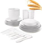 Wrova Wheat Straw Plate and Bowl sets with cups and cutlery set of 64 - Unbreakable Dinnerware service for 8 - Microwave and Dishwasher safe dish sets for kitchen,indoors and out doors.White