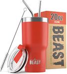 Beast Tumbler - 550 ml (20 oz), Red | Reusable Stainless Steel, Vacuum Insulated Cup | with + 2 Straws & Cleaning Brush | Double Wall Travel Flask Perfect for Hot or Iced Coffee | BPA Free