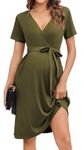 Ekouaer Women Short Sleeve Maternity Dress V Neck Nursing Dresses Outfit Ribbed Knit Pregnancy Loungewear Soft Breastffeeding Clothes with Pocket Army Green L