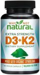 Why Not Natural Green Vitamin K2 (MK7) & D3 10,000 IU Supplement with Organic Spirulina, 60 Capsules for Bone Health, Anti Aging and Immune Support :: Non GMO, Vegetarian for Men & Women by