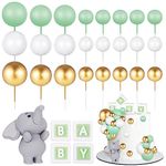 FRIUSATE 26Pcs Elephant Cake Decoration Mini Balls Cake Topper Green BABY Letter Cupcake Toppers Green Gold White Foam Balloon Pearl Ball for Baby Shower Boy Elephant Theme Birthday Party Supplies