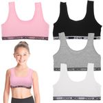 YUFFQOPC 4 Pcs Girls Sports Bras, Underwear Sports Training Bra Teenage Bras Seamless Sports Non Padded Bras Sleep Bras Cotton Crop Tops for Girls 9-14 Years Grey, Pink, Black, White