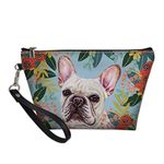 Showudesigns Makeup Bag Little Girl Cosmetic Travel Organizer Dog Flower Zipper Small Pouch for Purse Handbag Toiletry Kit Holder Leather Clutch Portable (French Bulldog)