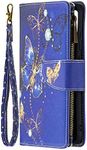 Miagon 9 Card Slots Wallet Case for Samsung Galaxy A32 5G,Colorful Zipper Wallet Cover PU Leather Magnetic Flip Folio Wrist Strap Stand Protective Bumper,Blue Butterfly