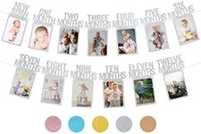 PartyHooman 1st Birthday Photo Banner for Baby from Newborn to 12 Months, First Birthday Decorations Girl Monthly Milestones Garland | First Birthday Photo Banner Pre-strung with Frame (Silver)