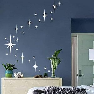 Retro Starburst Mirror Wall Decals Silver 3D Acrylic Sparkle Wall Decors Star Wall Stickers Removable Star Decals Bathroom Bedroom Living Room Home Wall Decors(123pcs)