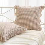 K MASANIJI 2 Pack Taupe White Plaid Ruffle Euro Pillow Shams 26x26 inches, Washed Cotton Gingham Camel Brown Fall Decorative Pillow Covers for Bed/Sofa (26x26 inches, Taupe/White Plaid)