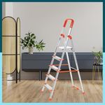 Houza 5 Step Foldable Aluminium Ladder for Home | Ladder with Anti-Slip Shoes | Slip Prevention Steps | Durable, Heavy Duty, Safe, and Stylish | Made in India (Orange)