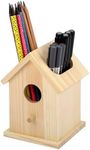 BELLE VOUS Wooden Pen & Pencil Holder for Desk - Birdhouse Desk Tidy Organiser for Home, School or Office Supplies - Storage Pot for Cosmetics/Makeup