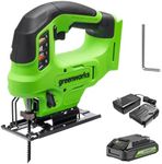 Greenworks 24V Brushless Cordless 1" Jig Saw (3,000 SPM / 4 Settings/Bevel 0°-45°/ LED Light), 1.5Ah Battery and Fast Charger Included