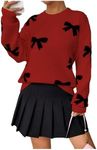 GORGLITTER Women's Bow Sweater Long Sleeve Crew Neck Vintage Y2k Knitted Sweater Red Small