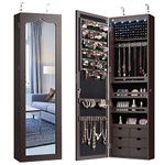 COSTWAY 5 LED Lights Jewelry Cabinet, Door Hanging/Wall Mounted Jewelry Armoire with Full Length Mirror, Lockable Dressing Cosmetics Jewellery Storage Organiser Unit Gift (Espresso)