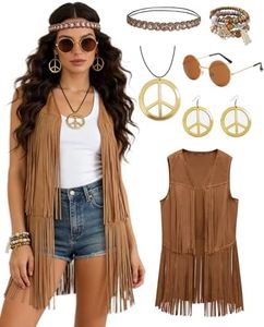 kasahara 60s 70s Outfit for Women Hippie Costume Clothes Fringe Vest with Hippie Accessories Boho Headband for Disco Party Halloween Brown XL