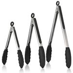 Kitchen Tongs, U-Taste 7/9/12 inches Cooking Tongs, with 600ºF High Heat-Resistant Non-Stick Silicone Tips, 18/8 Stainless Steel Handle, for Food Grill, Salad, BBQ, Frying, Serving, Pack of 3(Black)