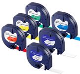 6X LetraTag Label Plastic Label Tape for Dymo, 12 mm x 4 m Roll, Black on Transparent/White/Yellow/Red/Blue/Green, Replacement Dymo Clear Label Tape
