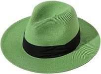 Lanzom Women Wide Brim Straw Panama Roll up Hat Fedora Beach Sun Hat UPF50+ (Green)