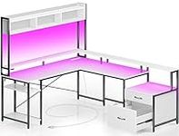 Rolanstar L Shaped Computer Desk with File Drawer,102.4" Gaming Desk with Led Lights & Power Outlets,Home Office Desk with Monitor Stand,Hutch & Storage Shelf,White