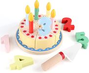 Wondertoys Wooden Birthday Cake Toys, Pretend Play Food Cutting Birthday Cake for Kids, DIY Birthday Party Cake with Candles for Kids, Play Food Set