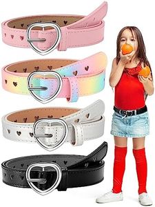 Newcotte 4 Pcs Girls Belt Size 6-12 Kids PU Leather Waist Belt Hollow Heart Design Metal Buckle for Girl Dress Pants Jeans, Black, Pink, Rainbow, Silver, 22-26W