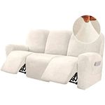 BellaHills 8-Pieces Recliner Sofa Covers Velvet Stretch Reclining Couch Covers for 3 Cushion Sofa Slipcovers Furniture Covers Form Fit Customized Style Thick Soft Washable, Ivory