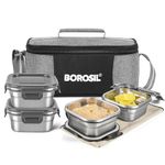 Borosil Feast Stainless Steel Lunch Box with Bag | Set of 4 (400 ml Each), Square | Tiffin Box for Office, School & College