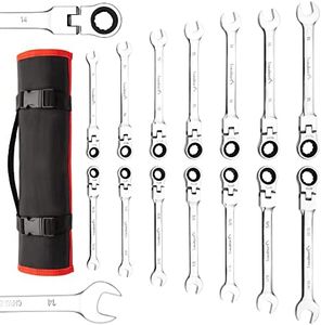 Towallmark 14-Piece Flex-Head Ratcheting Wrench Set, SAE/Metric Ratchet Wrenches Set,Cr-V Constructed, Chrome Vanadium Steel Combination Ended Standard Kit with Roll-up Storage Pouch