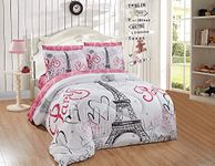 Better Home Style White Black Pink Paris Eiffel Tower Bonjour Design 5 Piece Comforter Bedding Set Bed in a Bag with Complete Sheet Set # FS Paris White (Twin)