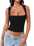 REORIA Crop Tops for Women Sexy Going Out Square Neck Summer Trendy Cute Sleeveless Basic Preppy Tank Tops Night Out Y2k Concert Clothes Black Small