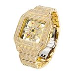 ICEDIAMOND Fashion 40mm Iced Out Full CZ Diamond Square Tank Style Skeleton Openwork Quartz Watch for Men & Women (Gold)