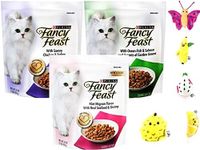 Fancy Feast Gourmet Dry Cat Food (3) Flavor Variety Pack (Filet Mignon, Ocean Fish and Salmon, Chicken and Turkey) Plus Aurora Pet Cat Toy (Assorted)