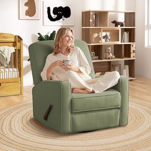 Tbfit Nursery Rocking Chair,360°Swivel Recliner Chair with Lumbar Support for Bedroom, Comfy Upholstered Armchair with Pillows & Footrest for Living Room & Baby Room