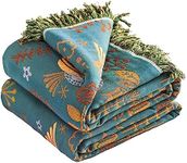 VANJOROY Boho Large Throw Blanket for Bed, 100% Organic Cotton Soft Breathable Throw-Floral Bird Rustic Decor Blanket for Couch Sofa Quilt and Gift, 60" x 80"-Teal/Beige