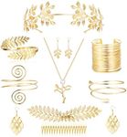 Florideco 9 Pcs Greek Goddess Costume Accessories Set for Women Golden Laurel Leaf Crown Headband Upper Arm Coil Bracelet Pearl Leaf Dangle Earring Artificial Pearl Earrings Necklace Bridal Wedding