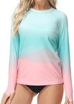 VAYAGER Womens Rash Guard UPF 50+ Swim Shirts Long Sleeve Quick Dry Water Beach Surfing Swimming Tops with Thumb Hole, Green Pink, Medium