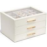 Vlando Jewelry Box with Glass Lid,Jewelry Organizer with 3 Drawers,3-Layer Jewelry Box for Women Girls,Gift for Loved Ones,White