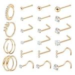 Thunaraz Nose Rings Nose Studs Surgical Steel 20G Gold Nose Rings Set 23Pcs CZ L Shaped Silver Nose Studs Screws Nose Hoop Rings Hypoallergenic Nose Piercing Jewelry for Women Men Rose Gold