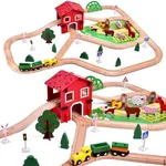 FUN LITTLE TOYS Wooden Farm & Tractor Play Set Wooden Train 77 Pieces Wood Construction Toys