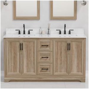 TILE & TOP Retford 60" Double Bathroom Vanity, 61" W x 22" D x 34.5" H, Carrara White Engineered Marble Top with Sink & Backsplash, Light Wood, MDF, Pre-Assembled, Soft-Closing Drawers and Doors.